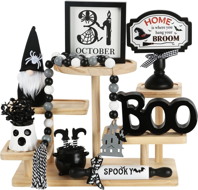 SYNCVIBE Halloween Decorations 8PCS Tiered Tray Decor, Cute Tabletop Halloween Decor for Home Tray Shelf Fireplace Mantel Coffee Bar Office Desk Table Centerpieces Farmhouse Rustic Spooky Wood Signs - Image 1